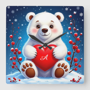 Adorable White Polar Bear Cub Holding a Red Heart Square Wall Clock