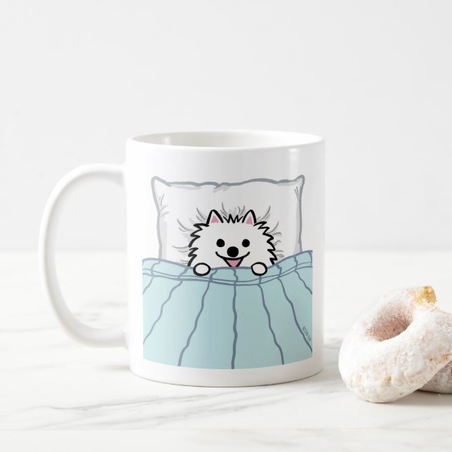 Adorable White Pomeranian Dog Tucked in Bed Coffee Mug (With Donut)