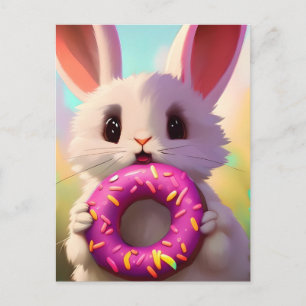 Adorable white rabbit with a pink doughnut postcard