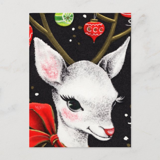 Adorable White Reindeer with Big Red Bow Postcard (Front)