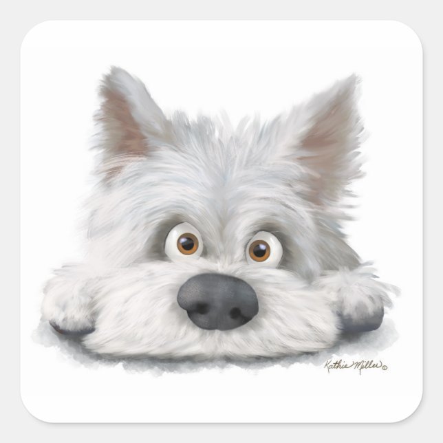 Adorable white Scottish Terrier Cartoon Square Sticker (Front)