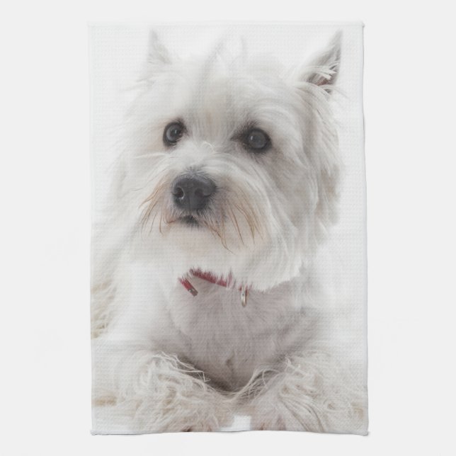 Adorable White West Highland Terrier Tea Towel (Vertical)