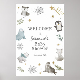 Adorable Winter Arctic Animals Baby Shower Welcome Poster