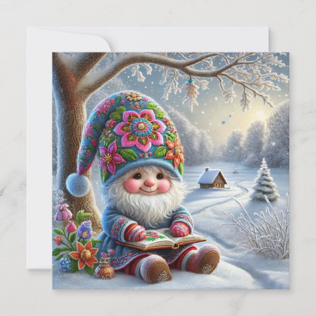 Adorable Winter Gnome in a Cosy Winter Landscape Holiday Card (Front)