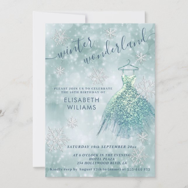 Adorable winter wonderland bokeh sweet 16 invitation (Front)