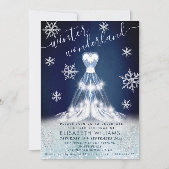 Adorable winter wonderland dress sweet 16 invitation (Front)