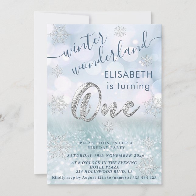 Adorable winter wonderland glitter  first birthday invitation (Front)