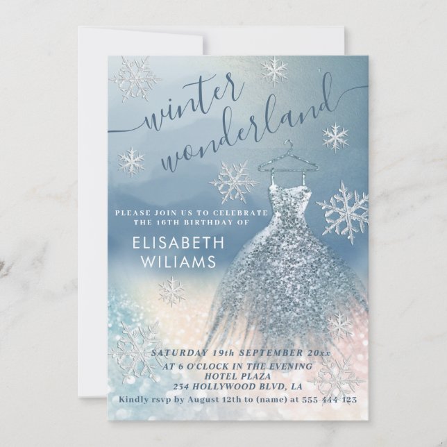 Adorable winter wonderland glitter ombre sweet 16  invitation (Front)