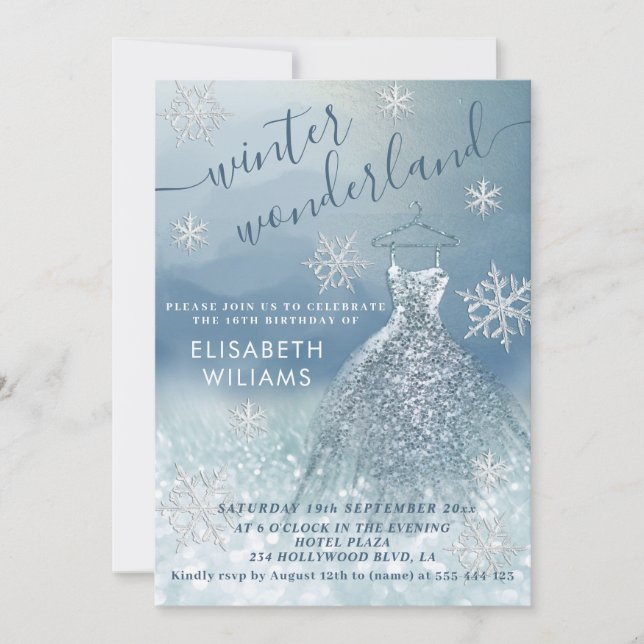 Adorable winter wonderland glitter ombre sweet 16  invitation (Front)