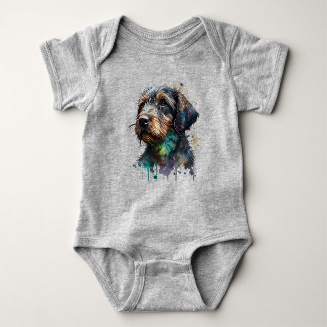 Adorable Wirehaired Dachshund Puppy Watercolor Art Baby Bodysuit (Front)