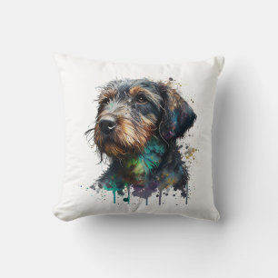Adorable Wirehaired Dachshund Puppy Watercolor Art Cushion