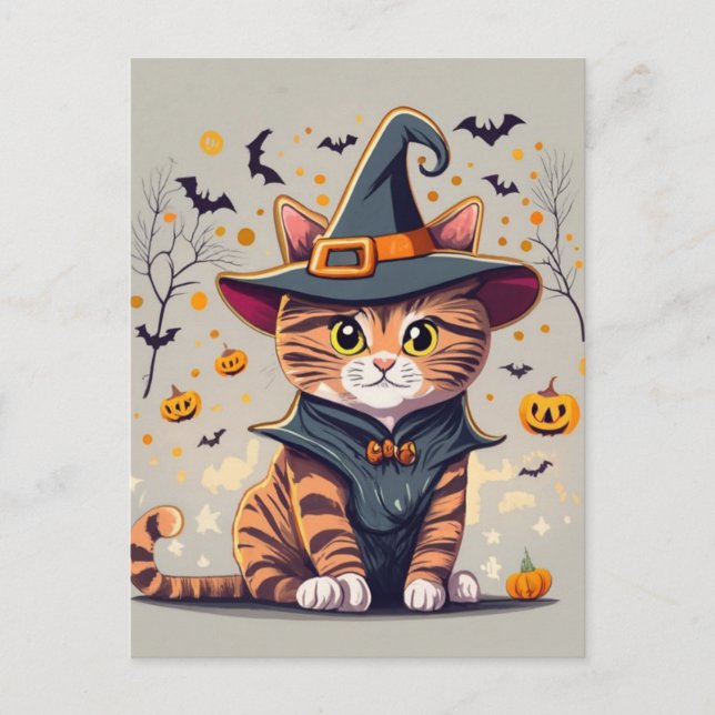 Adorable Witch Cat Halloween Postcard (Front)