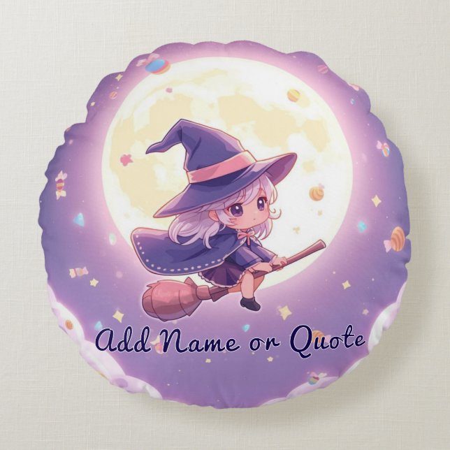 Adorable Witch Flying Halloween Round Pillow (Front)