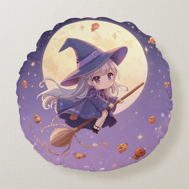 Adorable Witch Flying Over the Moon Round Pillow (Front)