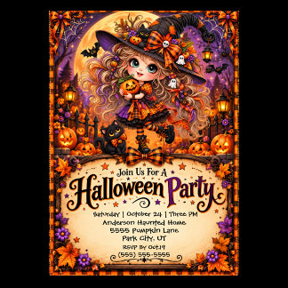 Adorable Witch Halloween Party Invitation