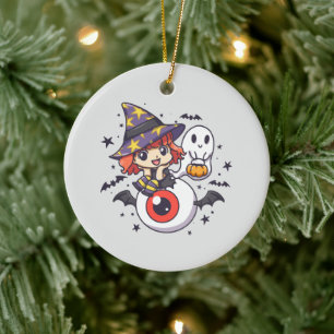 Adorable Witch Hat Kid on Mystical Eye Ceramic Tree Decoration