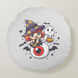 Adorable Witch Hat Kid on Mystical Eye Round Cushion