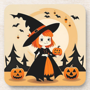 Adorable Witch Holding Pumpkin Coaster