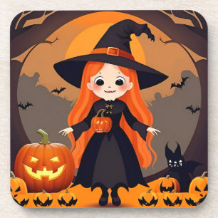 Adorable Witch in Halloween Setting with Pumpkins Coaster