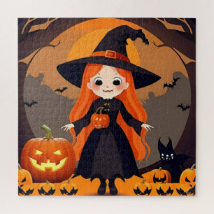 Adorable Witch in Halloween Setting with Pumpkins Jigsaw Puzzle
