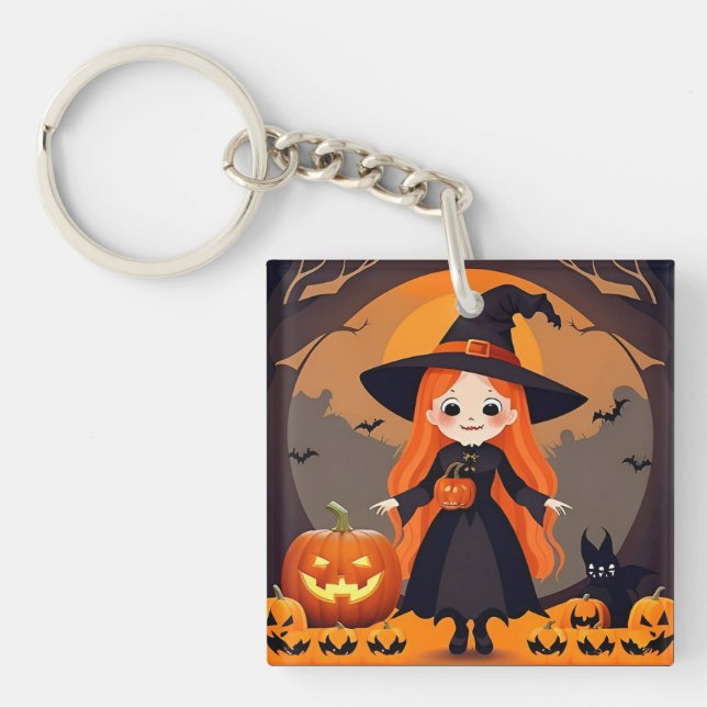 Adorable Witch in Halloween Setting with Pumpkins Key Ring (Front)