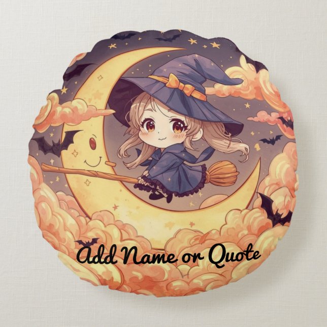 Adorable Witch on Moon Round Pillow (Front)