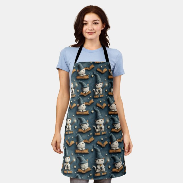Adorable Wizard Cat Pattern with Books and Stars  Apron (Worn)