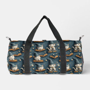 Adorable Wizard Cat Pattern with Books and Stars Duffle Bag