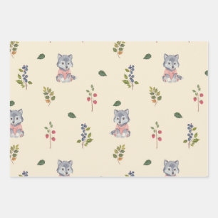 Adorable Wolf and Forest Berries Pattern  Wrapping Paper Sheet