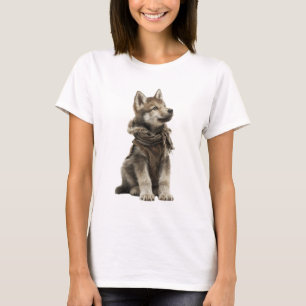 Adorable Wolf Pup in Rustic Winter Vest and Scarf T-Shirt