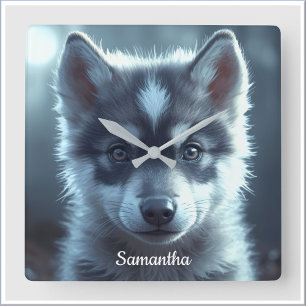 Adorable Wolf Puppy in the Moonlight Square Wall Clock