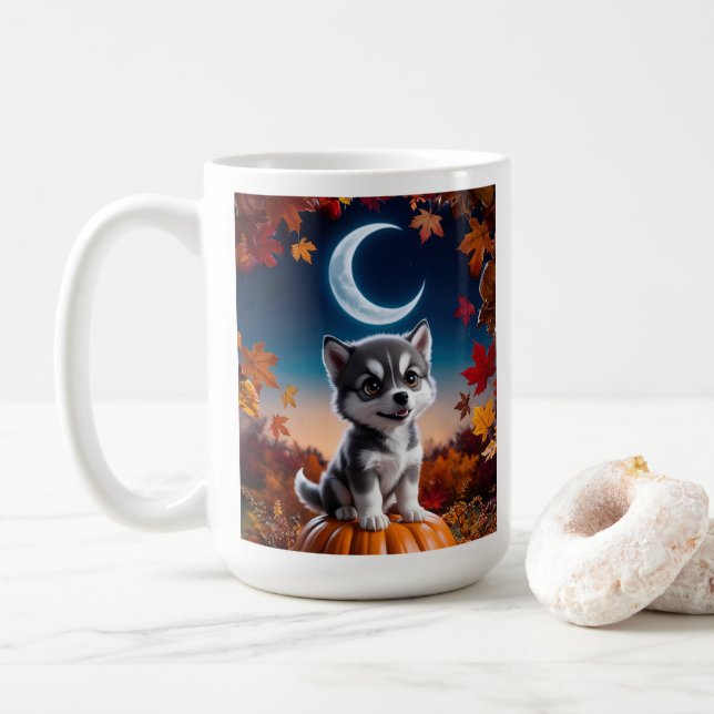 Adorable Wolf with Crescent Moon Halloween Art Coffee Mug (With Donut)