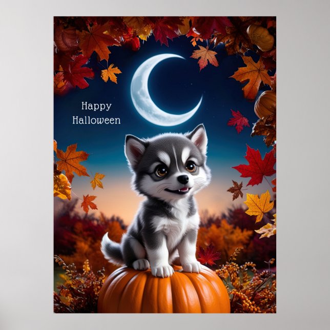 Adorable Wolf with Crescent Moon Halloween Art Poster (Front)