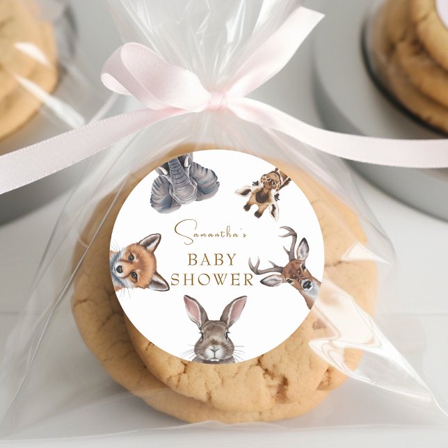 Adorable woodland animals baby shower favours classic round sticker (Creator Uploaded)