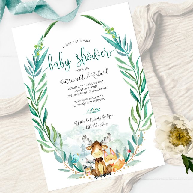 Adorable Woodland Animals Greenery Baby Shower Invitation (Creator Uploaded)