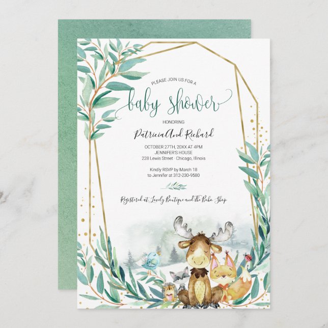 Adorable Woodland Animals Greenery Baby Shower Invitation (Front/Back)