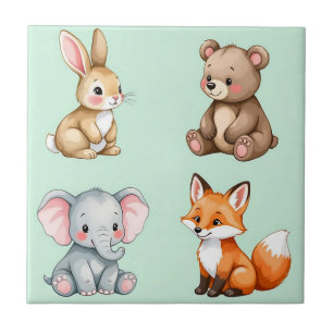 Adorable Woodland Baby Animals Pastel Watercolor Tile