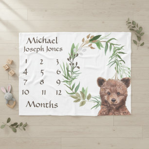 Adorable Woodland Baby Bear Milestone Keepsake  Fleece Blanket