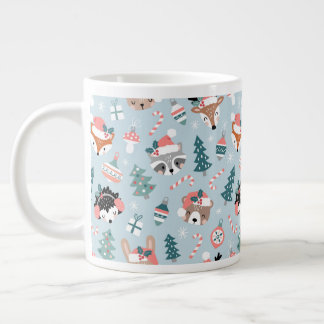 Adorable Woodland Christmas Animal Faces Pattern Large Coffee Mug