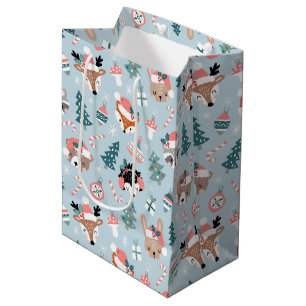 Adorable Woodland Christmas Animal Faces Pattern Medium Gift Bag