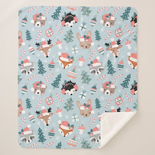 Adorable Woodland Christmas Animal Faces Pattern Sherpa Blanket (Front)