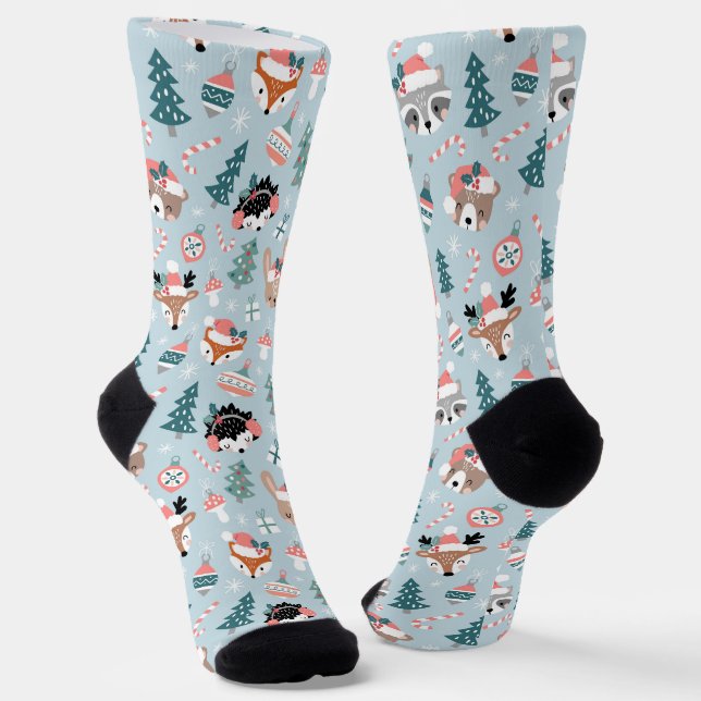 Adorable Woodland Christmas Animal Faces Pattern Socks (Angled)
