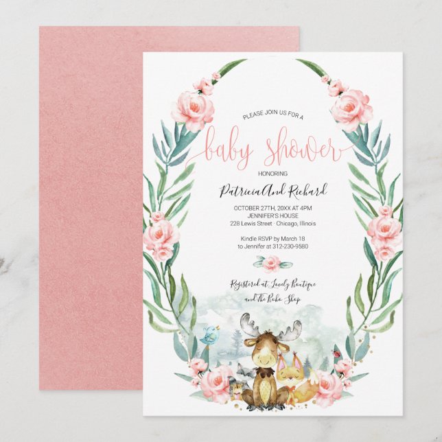 Adorable Woodland Floral Greenery Baby Shower Invitation (Front/Back)