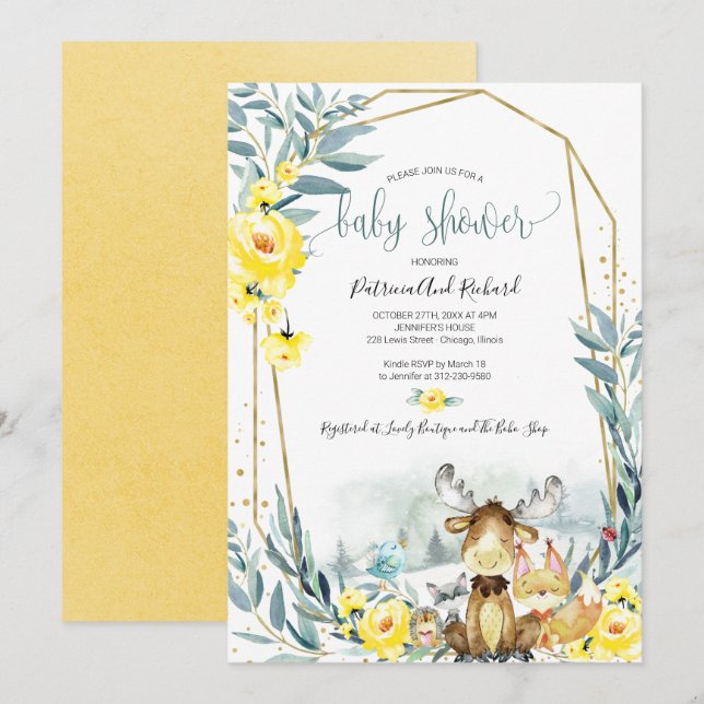 Adorable Woodland Floral Greenery Baby Shower Invitation (Front/Back)