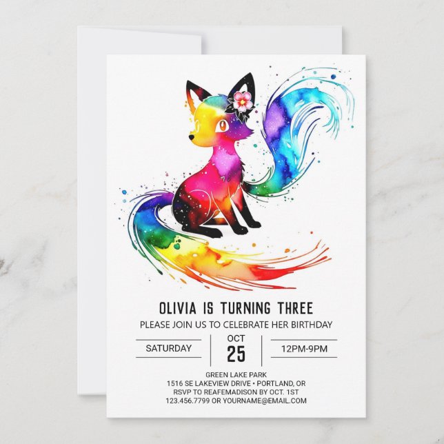 Adorable Woodland Fox Digital Girl Birthday Invitation (Front)
