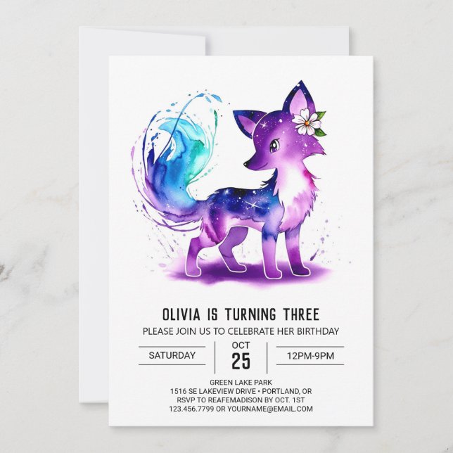 Adorable Woodland Fox Digital Girl Birthday Invitation (Front)