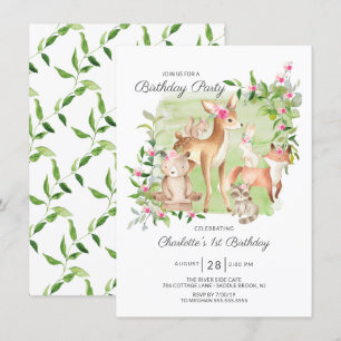 Adorable Woodland Friends Girls 1st Birthday Invitation