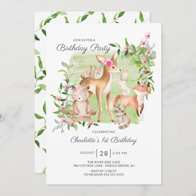 Adorable Woodland Friends Girls 1st Birthday Invitation (Front/Back)
