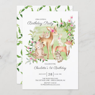 Adorable Woodland Friends Girls 1st Birthday Invitation