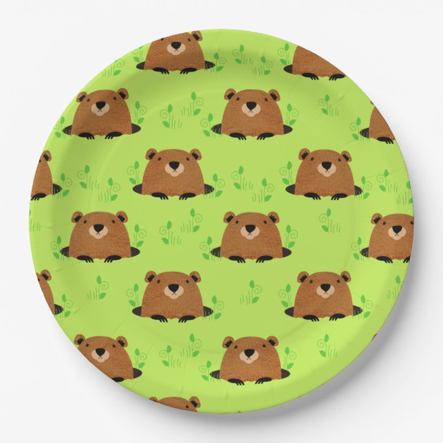Adorable Woodland Groundhog Pattern Paper Plate (Front)